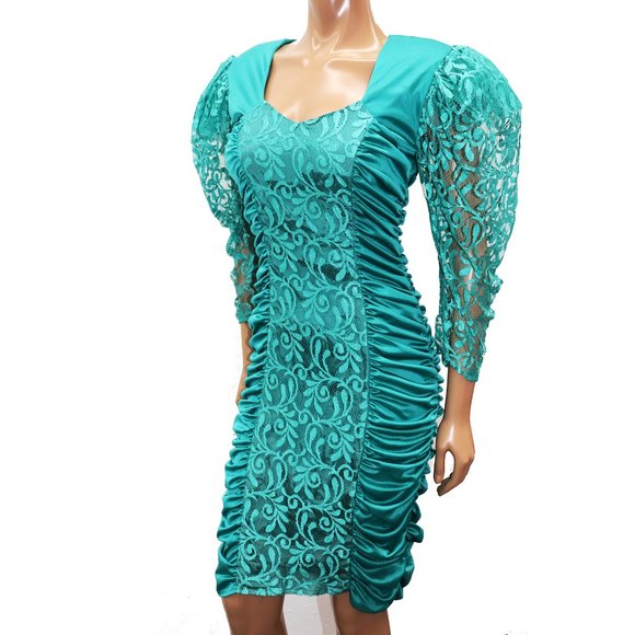 Mavens of California Vintage Body Con 80s Ruche Party Dress Puff Lace Sleeve 7 - Picture 6 of 10
